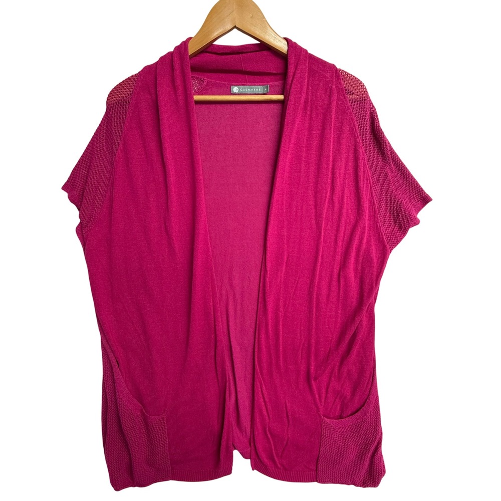 Cashmere M Women's Open Front Cardigan Sweater Pink Short Sleeve Mesh Pockets